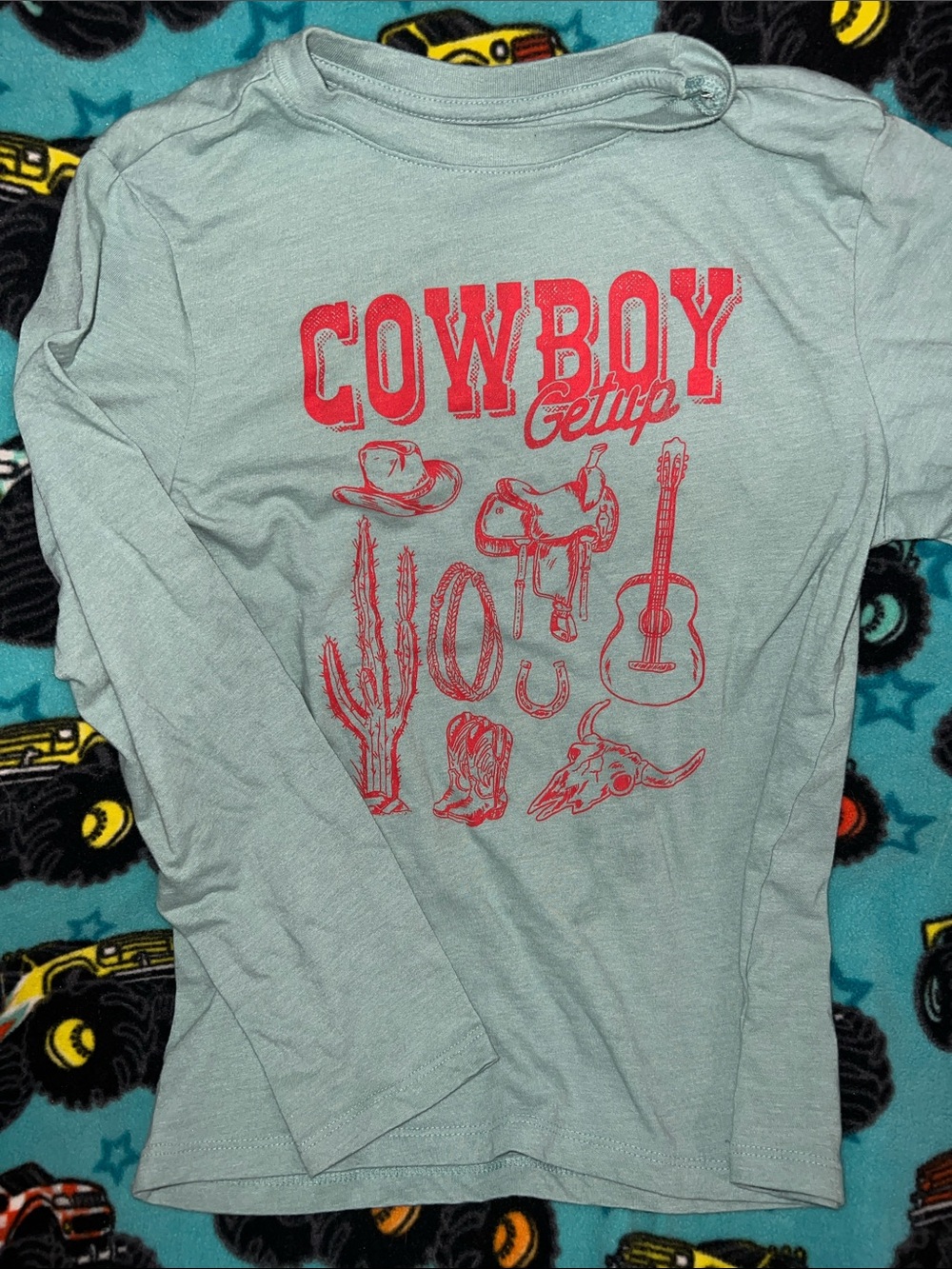 Cat & Jack Light Blue Long Sleeve "Cowboy" Graphic Tee with Red Print